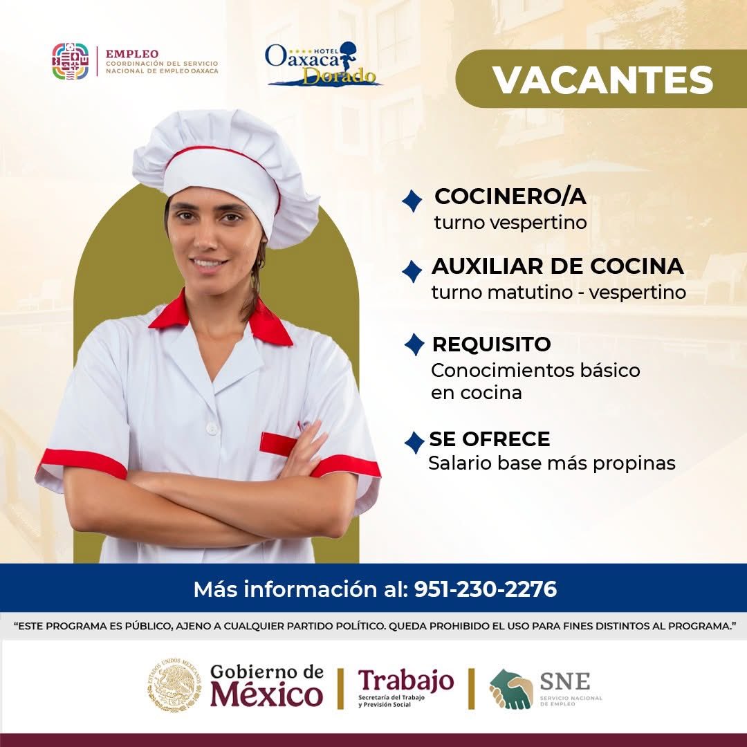 SNEOaxaca's tweet image. #VACANTES PARA COCINERO/A Y AUXILIAR DE COCINA
📌 ZONA: Valles Centrales

𝐑𝐄𝐐𝐔𝐈𝐒𝐈𝐓𝐎
▪ Conocimiento básico en cocina

𝐒𝐄 𝐎𝐅𝐑𝐄𝐂𝐄
▪Salario base más propinas

MÁS INFORMACIÓN
📱 951-230-2276

#SNE #Oaxaca #Empleo #Vacantes #EmpleoFormal #VallesCentrales #Valles