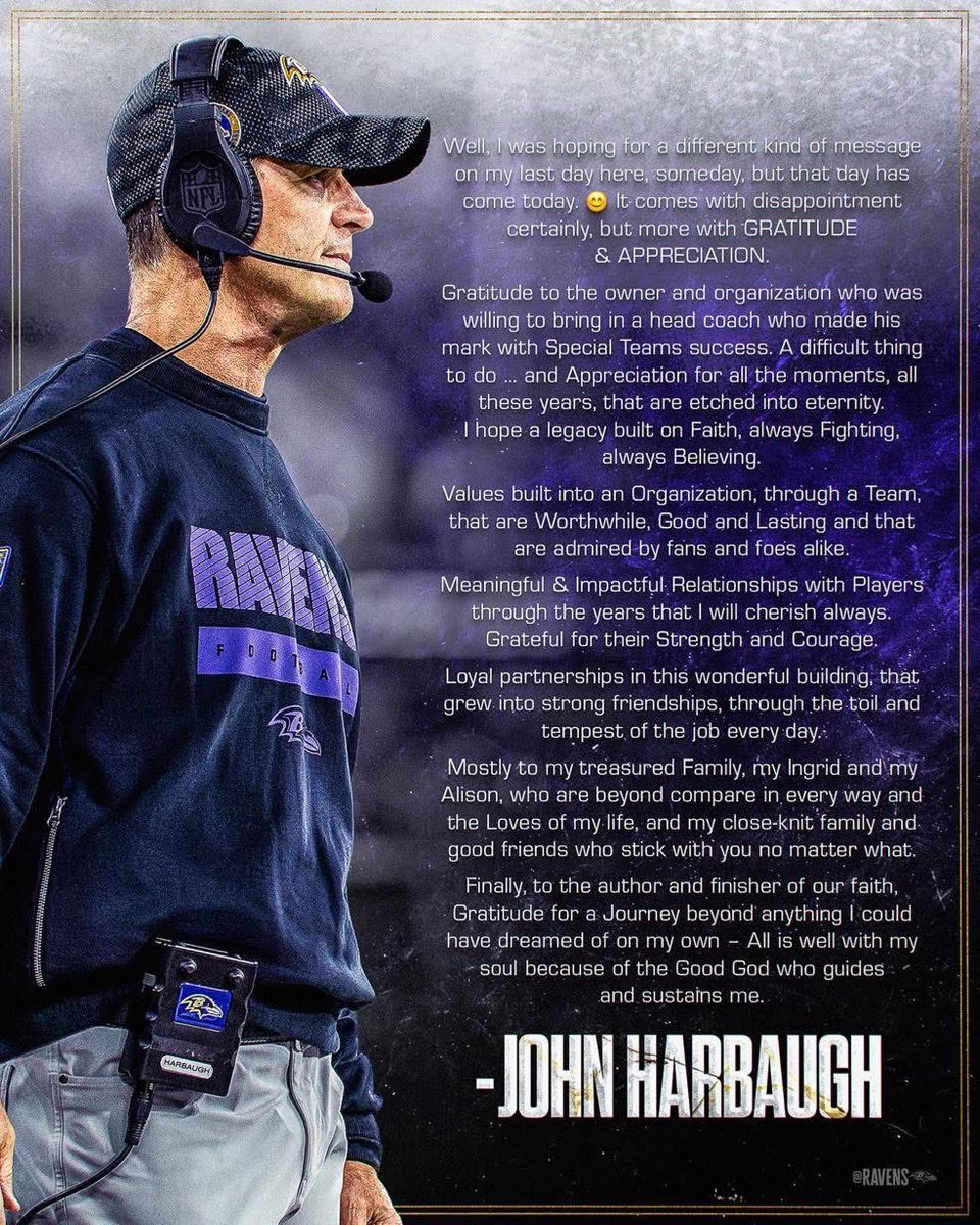 Disagree wholeheartedly with the Ravens firing Harbaugh 🤦🏼‍♀️ There’s a reason he was one of the two longest-tenured head coaches in the NFL. Thanks for 18 great seasons.