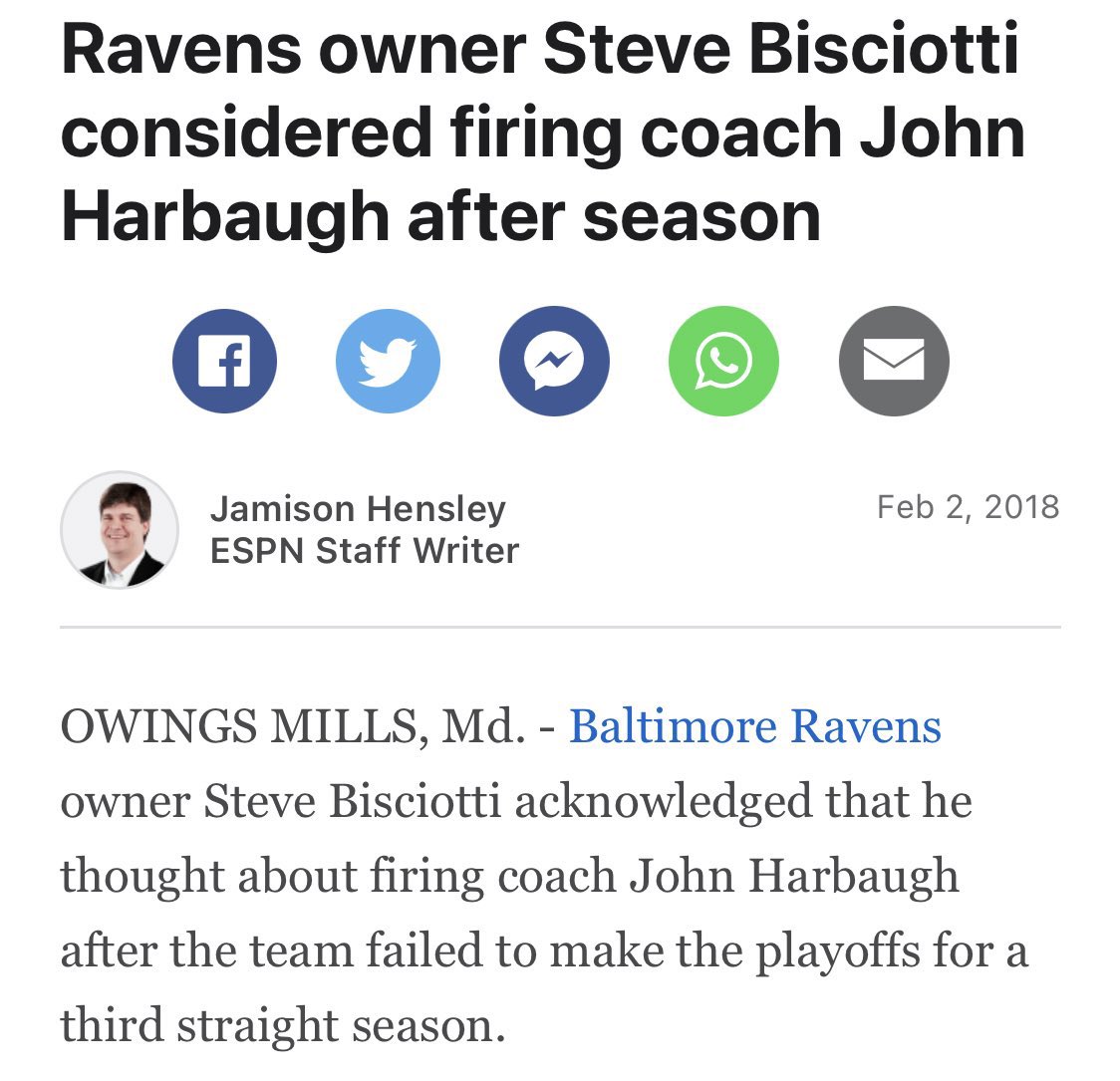 SharpFootball's tweet image. the Ravens almost fired John Harbaugh after 2017

40-40 the prior 5 yrs &amp;amp; missed the playoffs in 4 of the 5 yrs

went 4-5 to start 2018…

...then they played Lamar Jackson at QB

Lamar went 6-1 that year &amp;amp; made the playoffs in 6-of-7 years &amp;amp; saved Harbaugh’s job

ultimately lack…