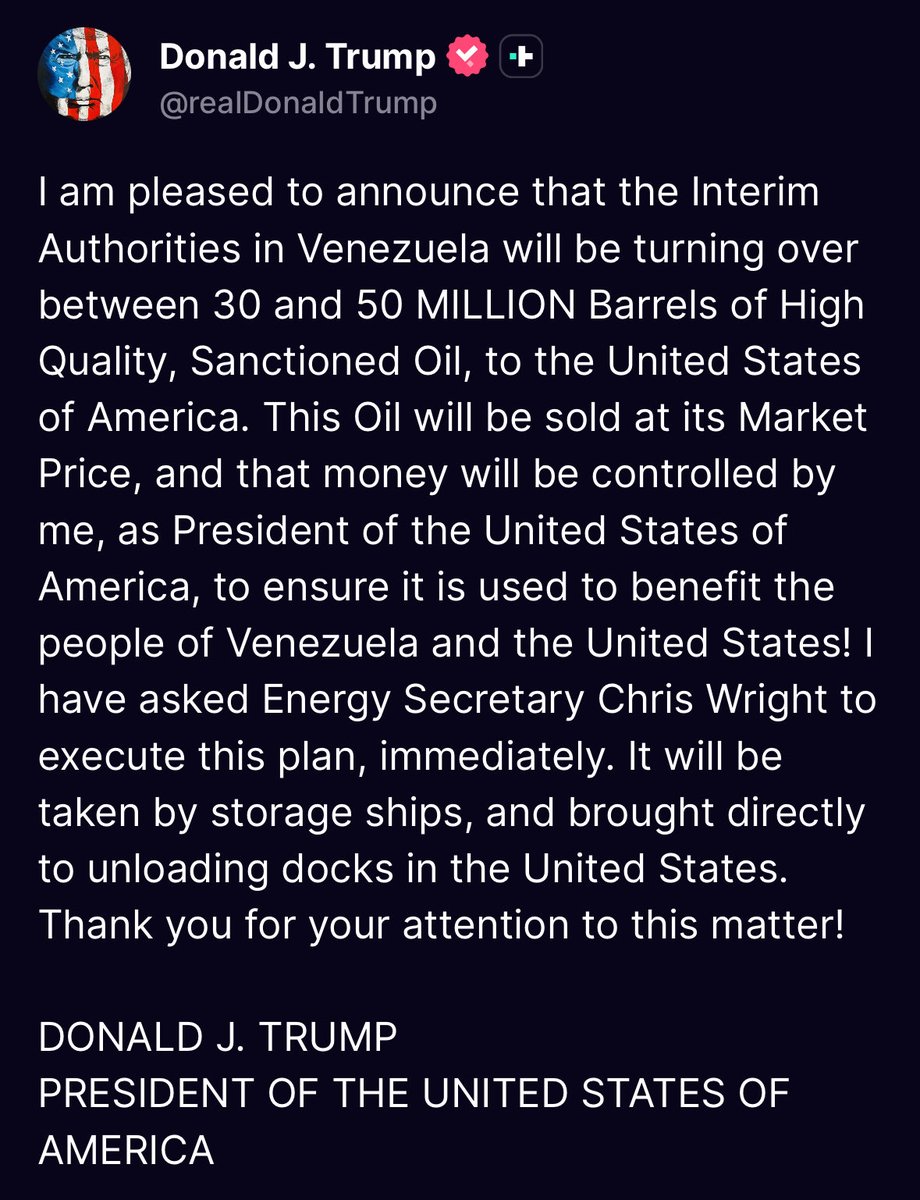 OpenSourceZone's tweet image. Trump says the Venezuelan “interim authorities” will give 30-50 million barrels of oil to the United States

(The U.S will then sell it at a market price)
