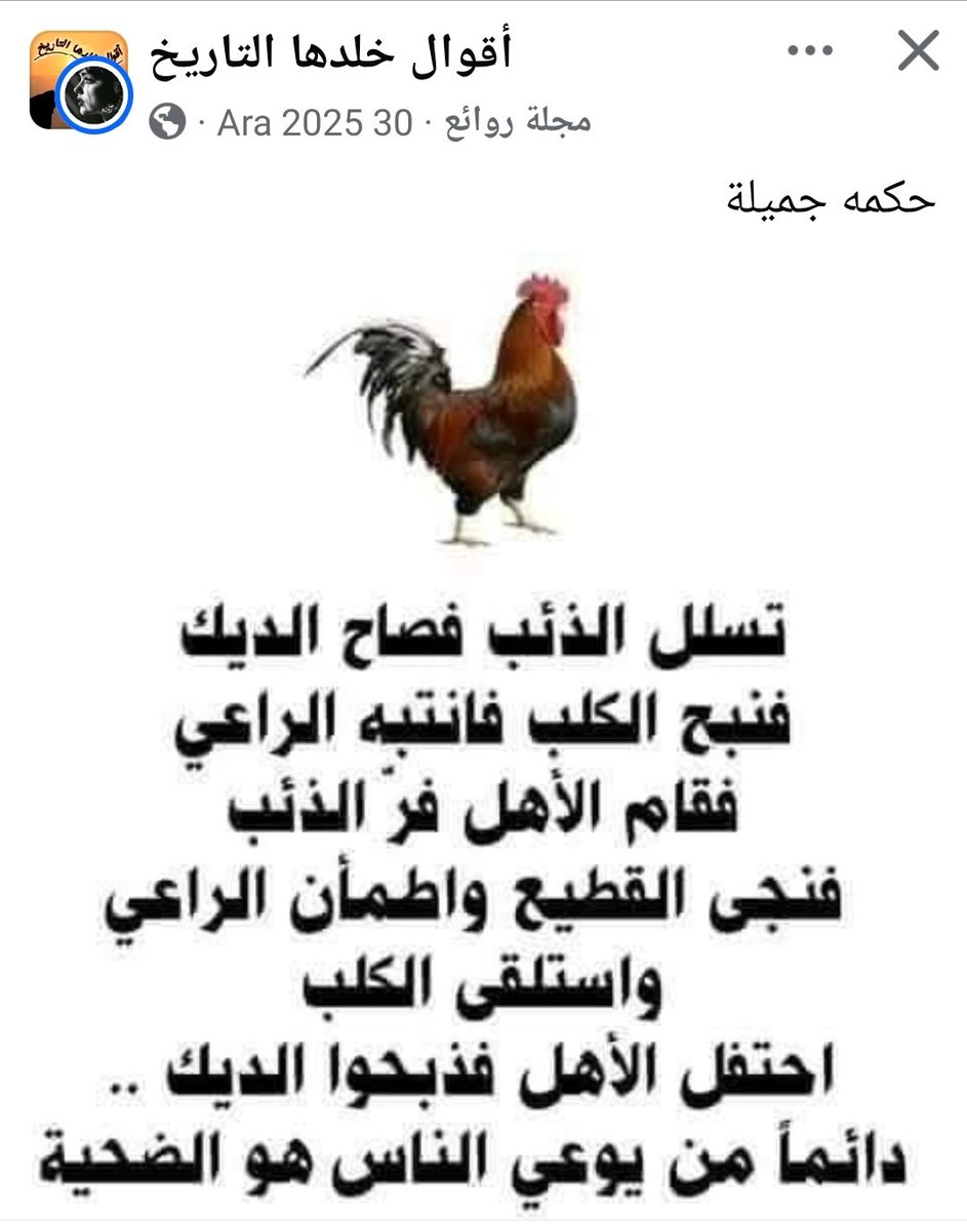 MHKIRBASOGLU's tweet image. "Kurt sürüye sızınca; 
horoz ötmüş, 
köpek havlamış, 
çoban uyanmış, 
ev halkı ayaklanmış, 
kurt kaçmış, 
sürü kurtulmuş,
çoban rahatlamış, 
köpek yatmış,
ev halkı kutlama yapmak için
horozu kesmiş.

Daima insanları uyandıranlardır kurban edilenler.."
Hikmetli Sözler ( Çeviri)