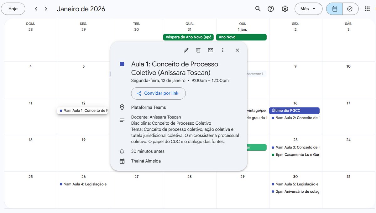 afreitasthaina's tweet image. O Gemini é lindo, maravilhoso, pedi pra ele criar um arquivo para colocar todas as minhas aulas da pós no Google Calendar

E já está tudo nele e arrumadinho, não preciso fazer nada