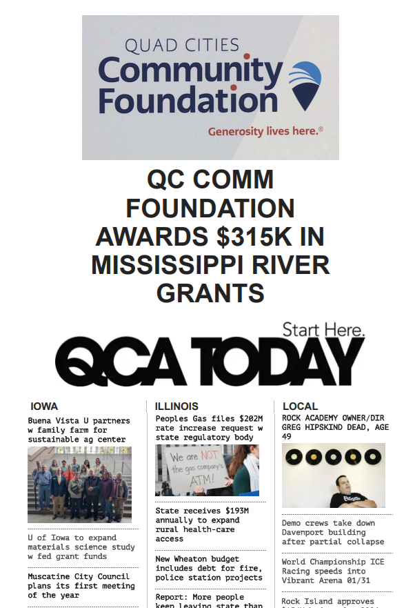 Re <a href="/Alec_Doxsee/">Alec</a>/@WQAD re <a href="/QuadCitiesCF/">Quad Cities Community Foundation</a> has announced $315K of its #QCRiverConnections Grants would go to @TapestryFarmsQC, <a href="/SpringForwardQC/">Spring Forward QCA</a>, &amp; <a href="/4H/">4-H</a> Education Foundation, among those NFPs who’ve retained their <a href="/X/">X</a> accounts <a href="/GreatNonprofits/">GreatNonprofits</a> Lead story @ QCAToday.com. . .