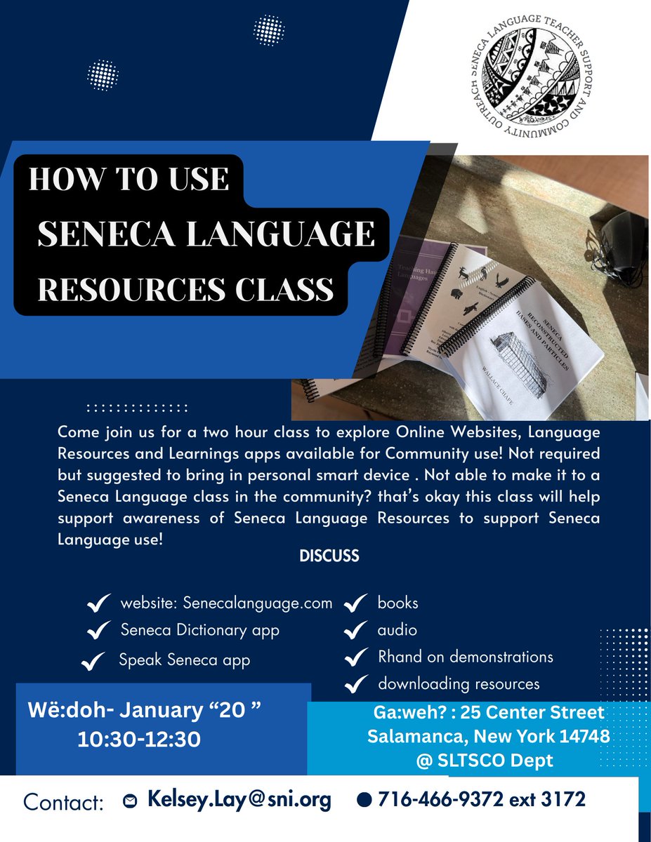 SenecaLanguage's tweet photo. Come learn about Seneca language resources available and how to use them! For more information, contact Kelsey.Lay@sni.org or (716)466-9372. https://t.co/9ztaq8WyC2