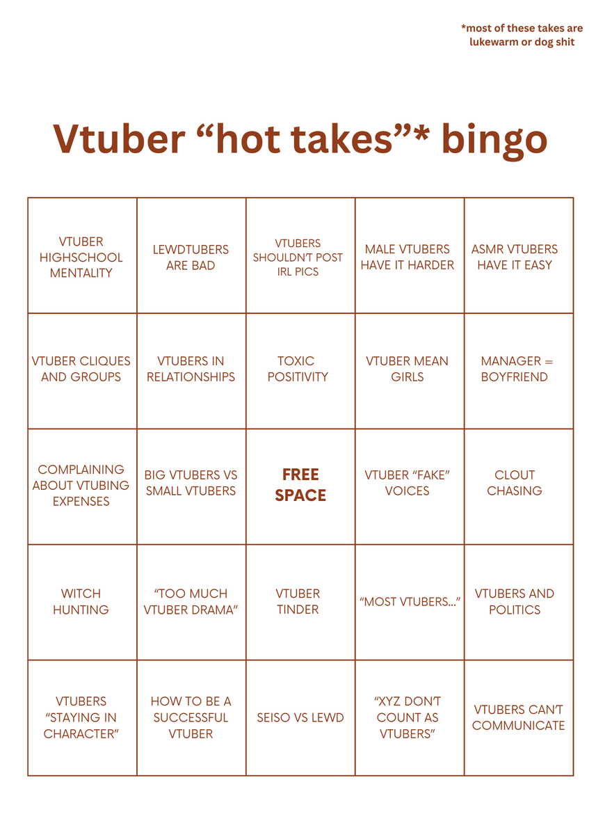 Since every other month we recycle the same topics over and over again...

I've gone ahead and just made a bingo sheet for all of us to fill out as we doomscroll the timeline. 

The fact I was able to fill a bingo sheet's worth of recycled topics really says something :I