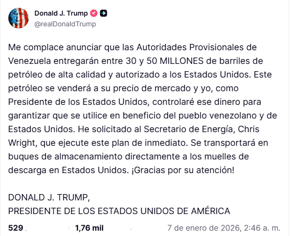 🔴#ÚltimaHora | Donald Trump anuncia que el Gobierno interino de Venezuela entregará entre 30 y 50 millones de barriles de petróleo a EE.UU. 

Agregó que él controlará las ganancias.