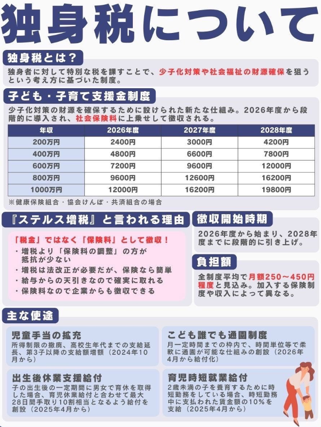 r_mobilecp's tweet photo. 【保存版】2026年4月スタート「独身税」について
独身というか結婚していても子供ができない夫婦も実質増税ですね

＃独身税 https://t.co/QfjmPnjloO
