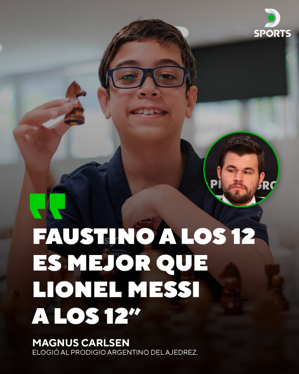 DSports's tweet photo. ¡HISTÓRICO ENCUENTRO ENTRE FAUSTINO ORO Y MAGNUS CARLSEN! 🇦🇷♟️🇳🇴

El argentino de 12 años es una de las grandes promesas del ajedrez mundial y fue muy elogiado por el noruego, campeón del mundo y número 1 del ranking FIDE.

🗣️ “FAUSTINO A LOS 12 ES MEJOR QUE MESSI A LOS 12", dijo Carlsen. 

📸 TakeTakeTakeApp