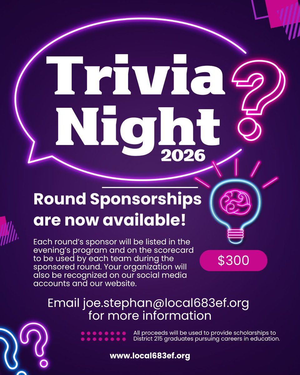 Local683EF's tweet image. Round sponsorships are available for $300.
Each sponsor will be listed on the scorecard, our social media accounts &amp;amp; our website. All money raised will be used to provide scholarships to D215 graduates pursuing careers in education.
Email joe.stephan@local683ef.org for more info