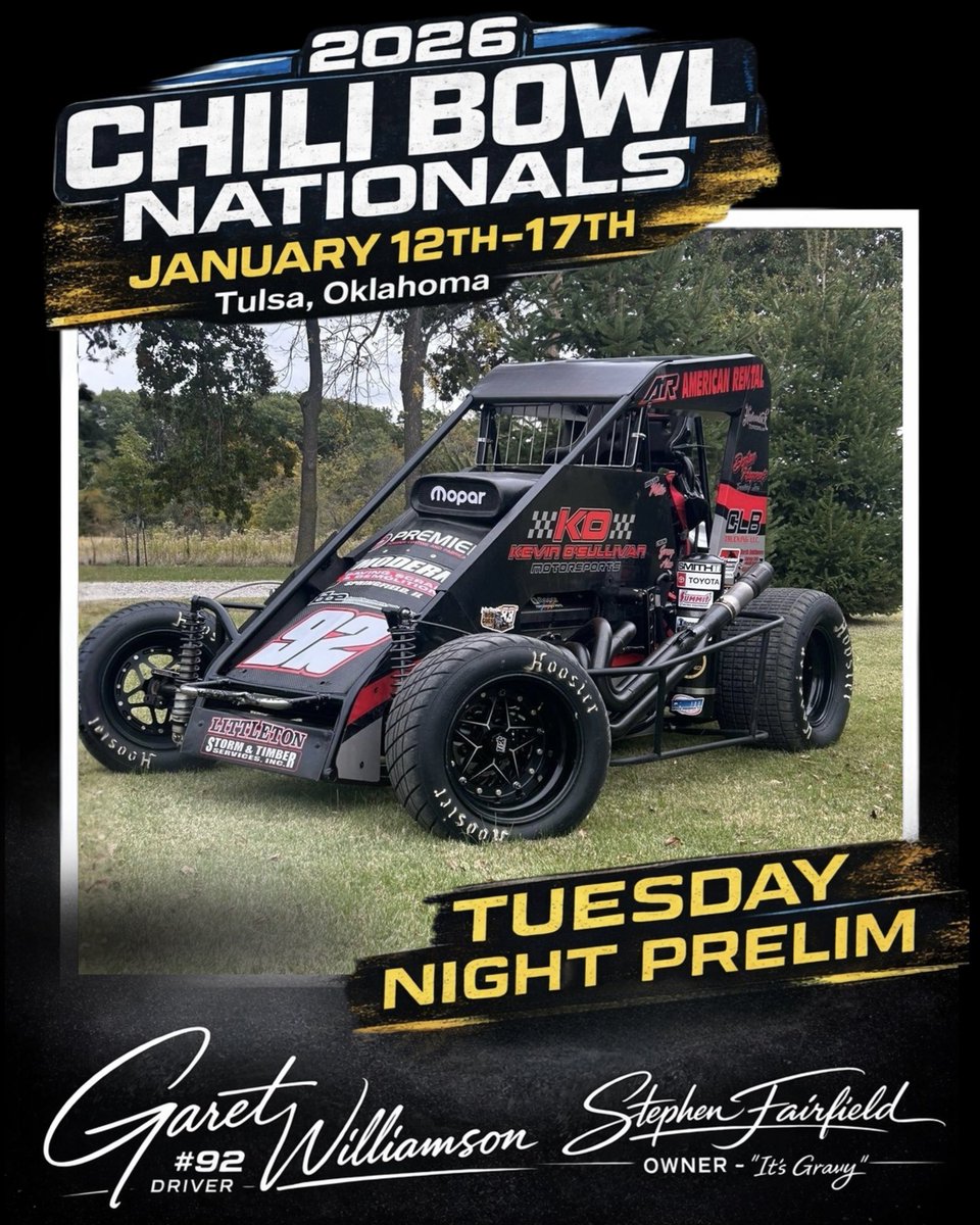 .<a href="/GaretWilliamson/">Garet Williamson</a> has partnered up with Stephen Fairfield “Gravy” for the 2026 <a href="/cbnationals/">Chili Bowl Nationals</a>‼️ 

Catch him behind the wheel of the #𝟵𝟮 next 𝗧𝗨𝗘𝗦𝗗𝗔𝗬, January 13th for preliminary action. 

𝗪𝗔𝗧𝗖𝗛 𝗟𝗜𝗩𝗘 on <a href="/FloRacing/">FloRacing</a>