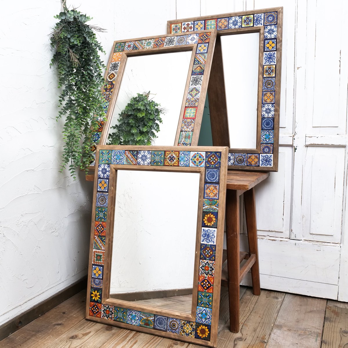 メキシコ　ブリキタイルミラー メキシコ ミラー ブリキタイルL[38cm] - メキシコ雑貨屋・中南米雑貨の