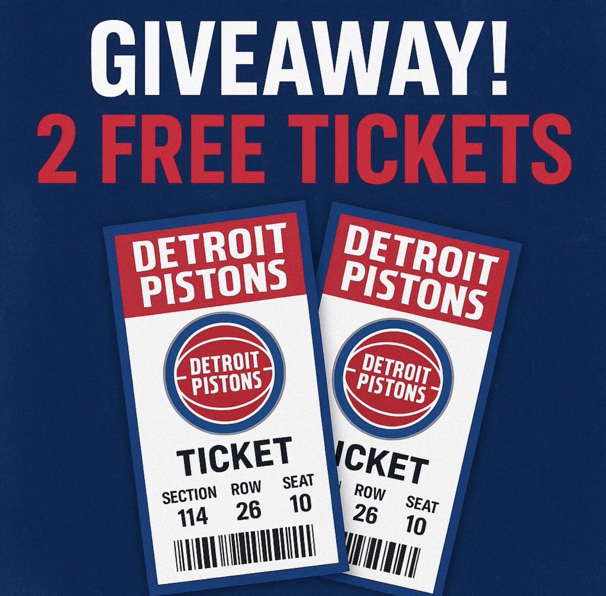 🚨 PISTONS TICKET GIVEAWAY 🚨
2 tickets (Section 114) 
Wizards @ Pistons — Feb 5

To enter:
• Follow
• Comment your favourite piston
• Repost for a bonus entry

Winner announced Jan 11th