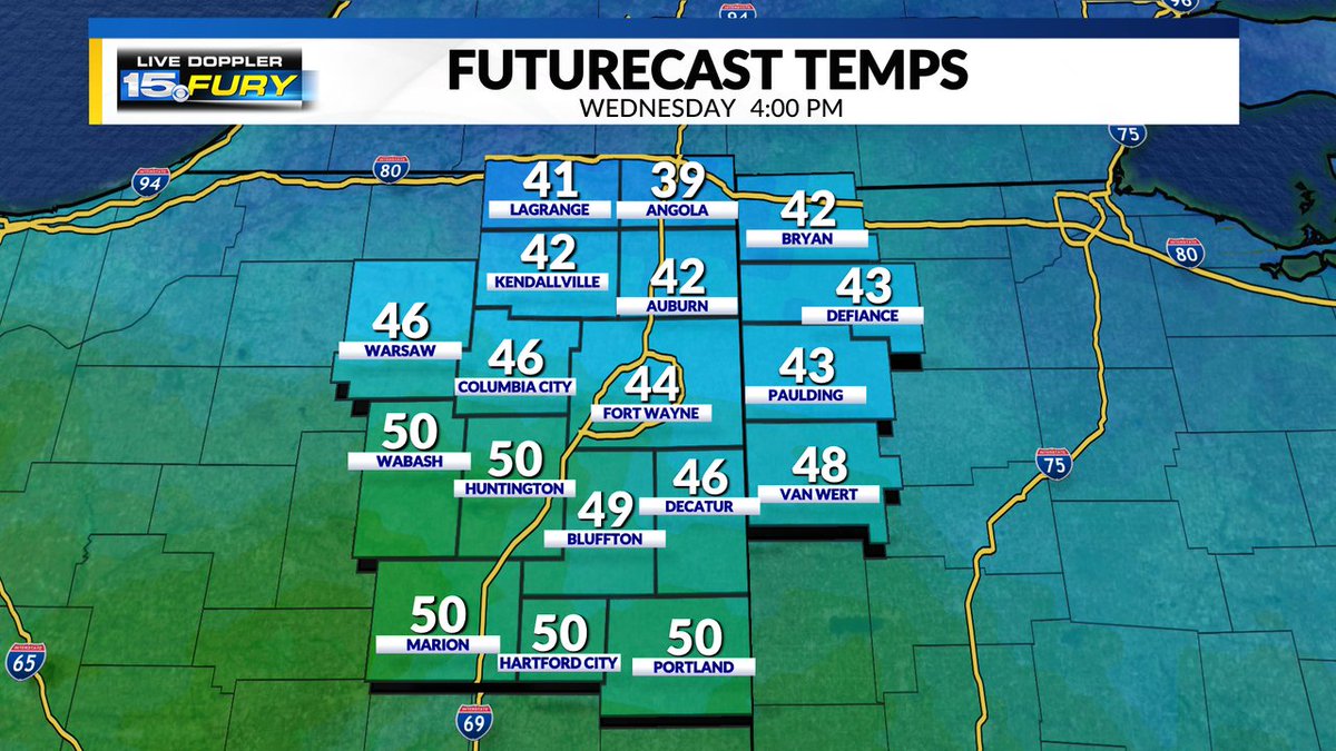 A big north-to-south temp divide comes our way on Wednesday. Only spots farther south of Fort Wayne hit 50°. On Thursday, though, 50s will be widespread. Check the WANE Forecast at wane.com/weather?utm_me…