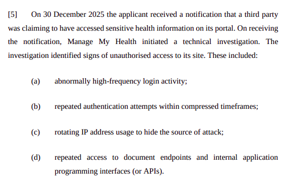 Infonewsnz's tweet photo. @BarryYoungNZ @HopeRising19 Some more info in the court document. Sounds most likely to be a credential stuffing attack. By Kazu Group who have also targeted other health platforms. https://t.co/SrZuei78fH