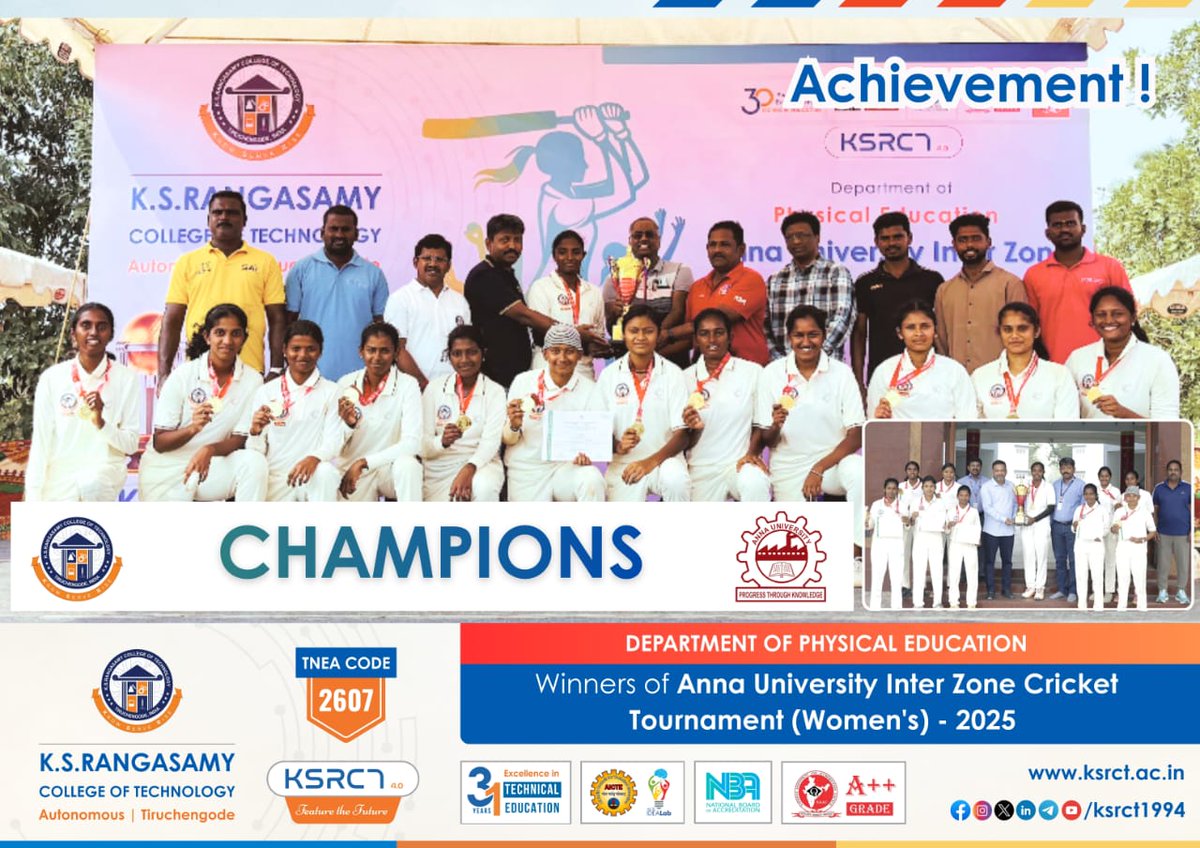 ksrct1994's tweet photo. Proud Achievement!

KSRCTians Secured Winner Position at the Anna University Inter Zone Cricket Tournament (Women's) - 2025.

#ksrct1994 #ksr #ksrei #ProudMoment #CricketChampions #Winners #TeamSpirit #AnnaUniversity #InterZone #KSRCTians #SuccessThroughEffort #ChampionMindset https://t.co/ybvtkNC2eD