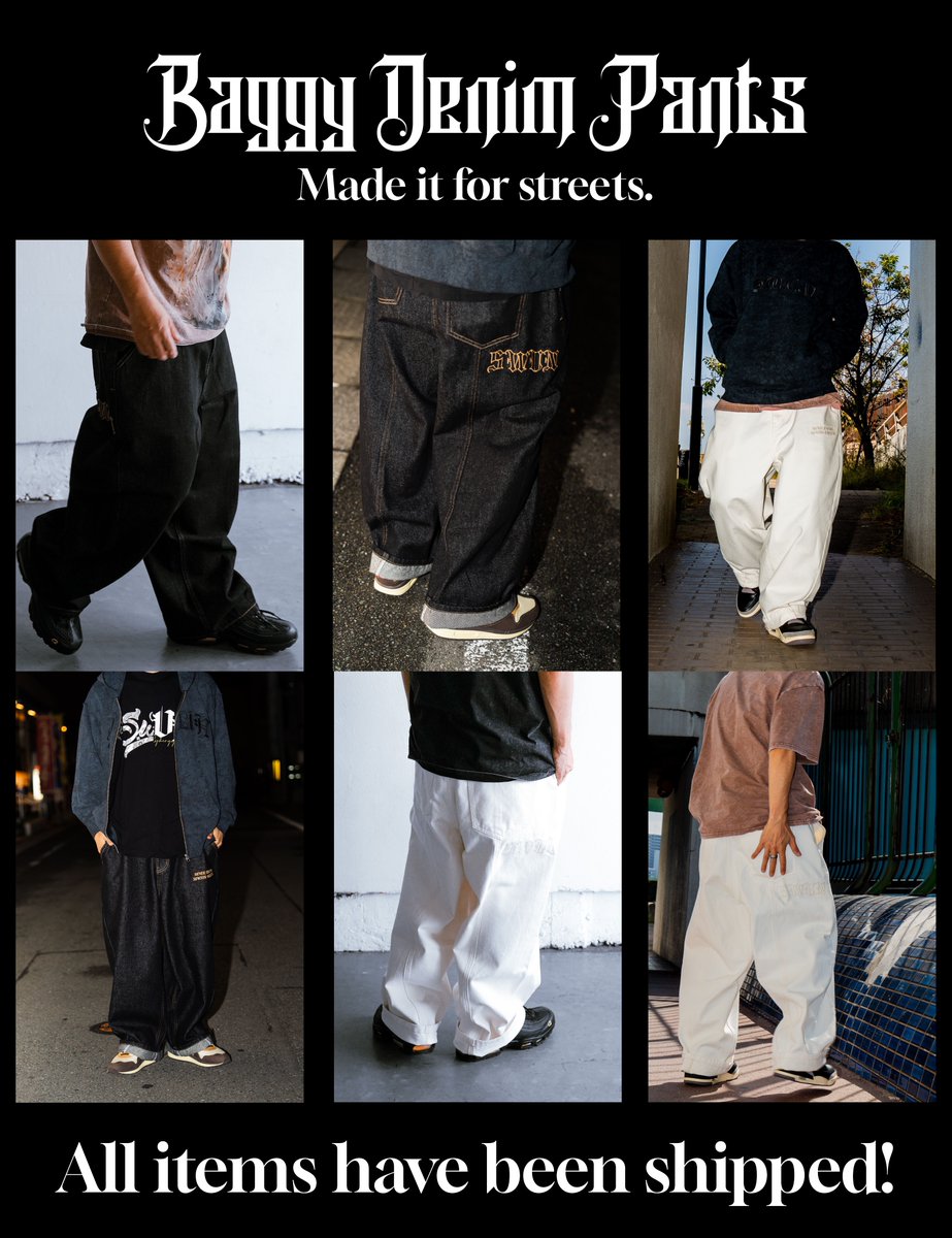 SWUN2022's tweet image. BAGGY DENIM PANTS
全ての発送が完了しました。
早い方は本日到着するかと思います。
ご購入いただいた皆さま、本当にありがとうございます。
もし着用写真などポストする際は、ぜひメンションしてもらえたら幸いです。