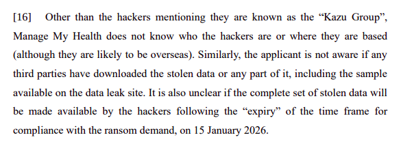 Infonewsnz's tweet photo. @BarryYoungNZ @HopeRising19 Some more info in the court document. Sounds most likely to be a credential stuffing attack. By Kazu Group who have also targeted other health platforms. https://t.co/SrZuei78fH