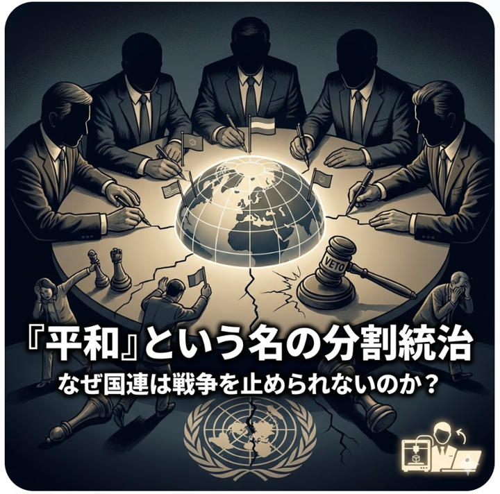 koide19's tweet photo. 『平和』という名の分割統治：なぜ国連は戦争を止められない（止めない）のか？
2026.01.06
国連の本質は「戦勝国組合」である。
彼らが協議しているのは世界平和ではなく、自分たちの取り分だ。
我々はこの欺瞞にいつまで付き合うべきなのだろうか？
https://t.co/AOFONJFgTe https://t.co/68JPApBs5K