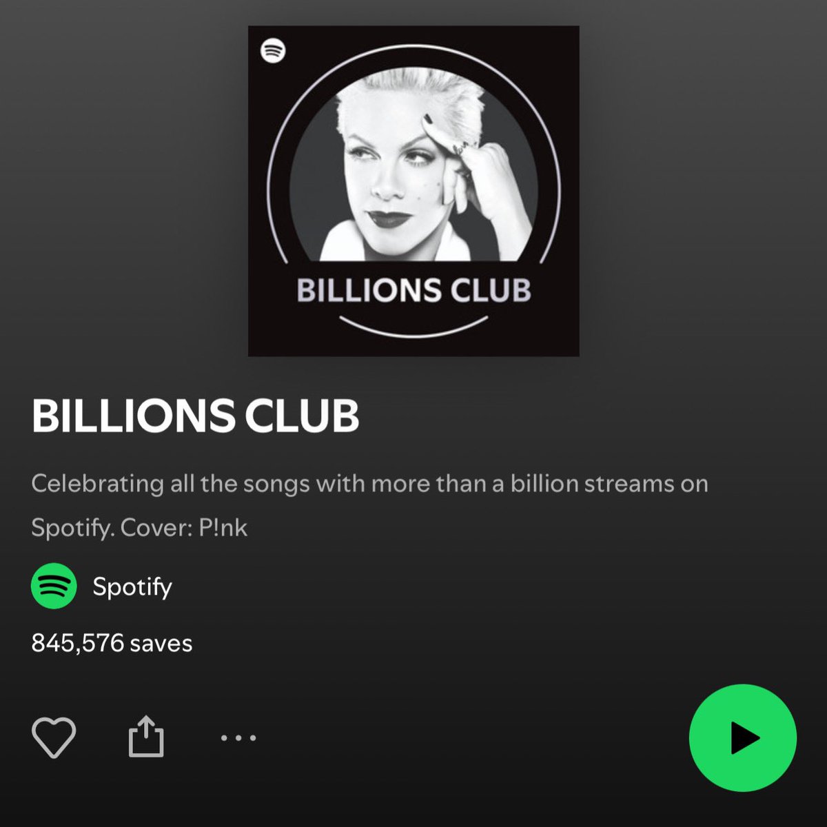.<a href="/Pink/">P!nk</a> is now the cover of Spotify’s “Billions Club” playlist after “Try” reached one billion streams.