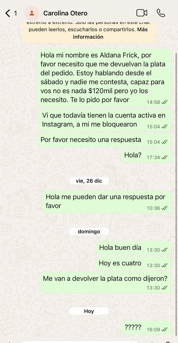 La chica se llama Carolina Otero, tengo su número personal. Le mando mensajes y tampoco contesta. Por favor les pido si pueden denunciar su cuenta o ir y comentarles los posts para que devuelva la plata