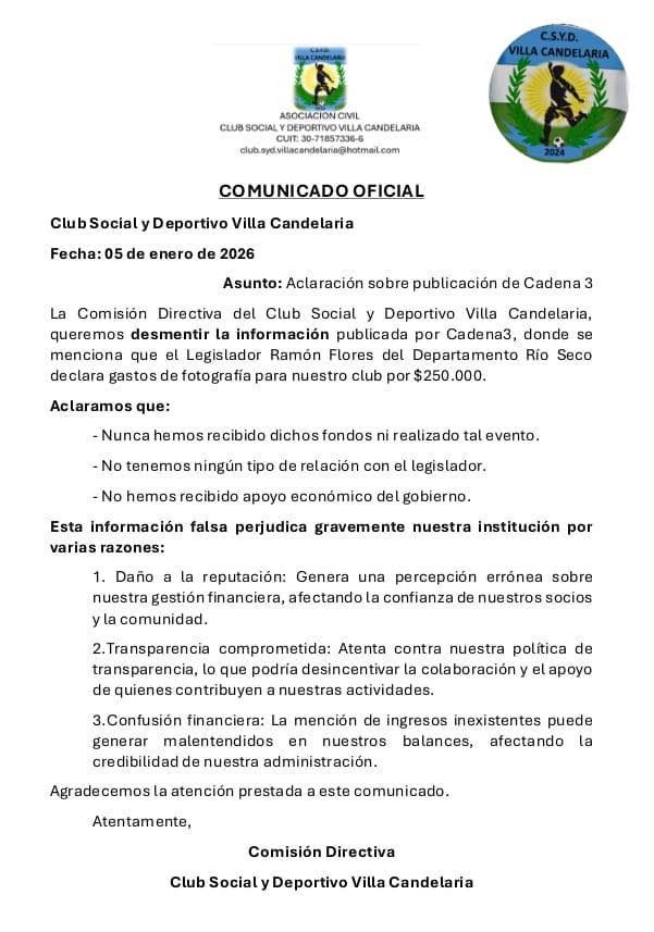 ContribuyenteR's tweet photo. 🚨Desmienten al legislador llaryorista.

👎El Club social y deportivo Villa Candelaria, del Dpto de Río Seco negó haber recibido $250.000 del legislador Ernesto Flores. De hecho dice el club que no tienen relación con el peroncho. 

☠️ Es decir, el legislador Flores se quedó con la guita luego del reembolso de la Legislatura.