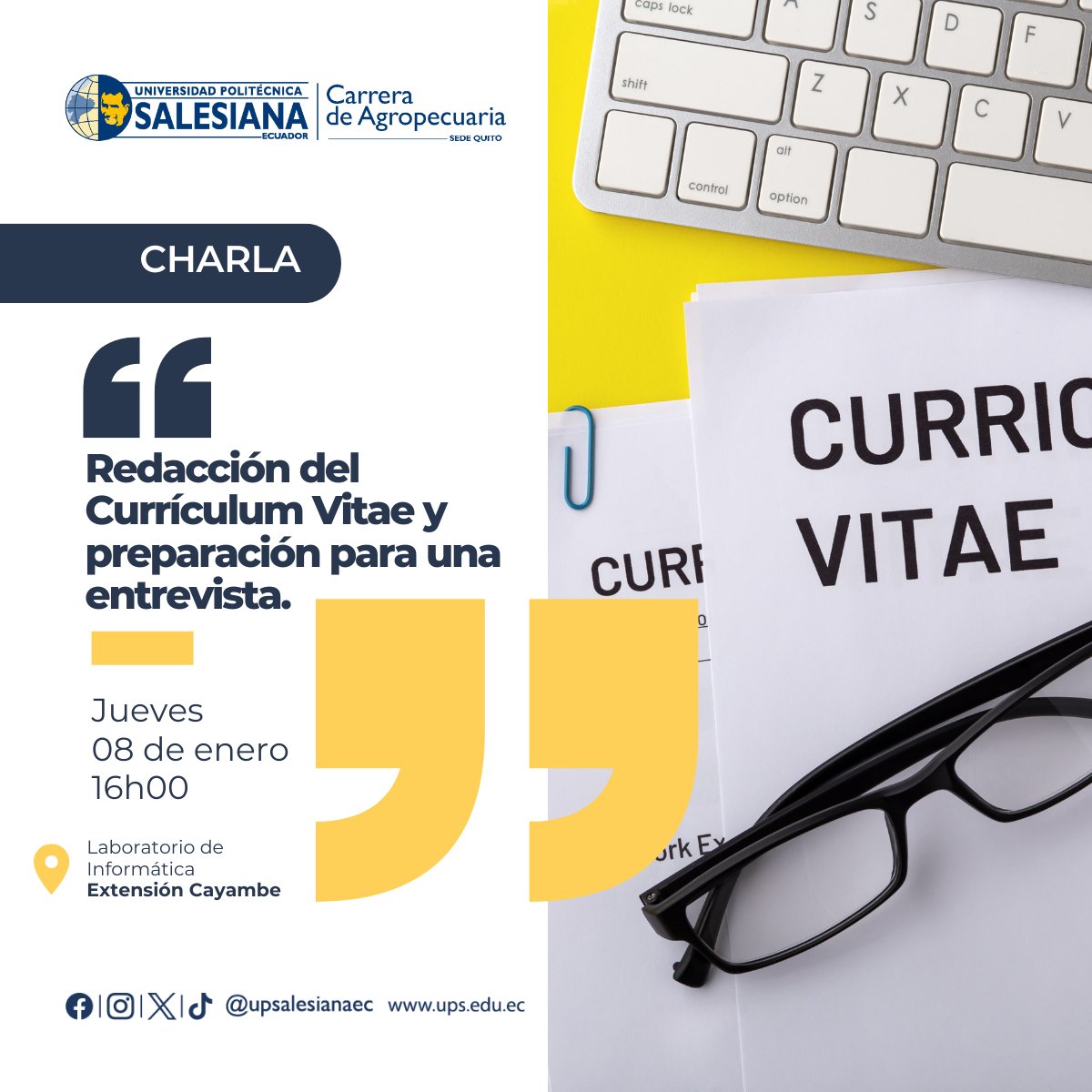 La #UPS Extensión Cayambe invita a estudiantes y graduados de la carrera de #Agropecuaria a participar en el curso “Redacción del Currículum Vitae y preparación para una entrevista”, un espacio práctico para fortalecer su perfil profesional y mejorar sus oportunidades de