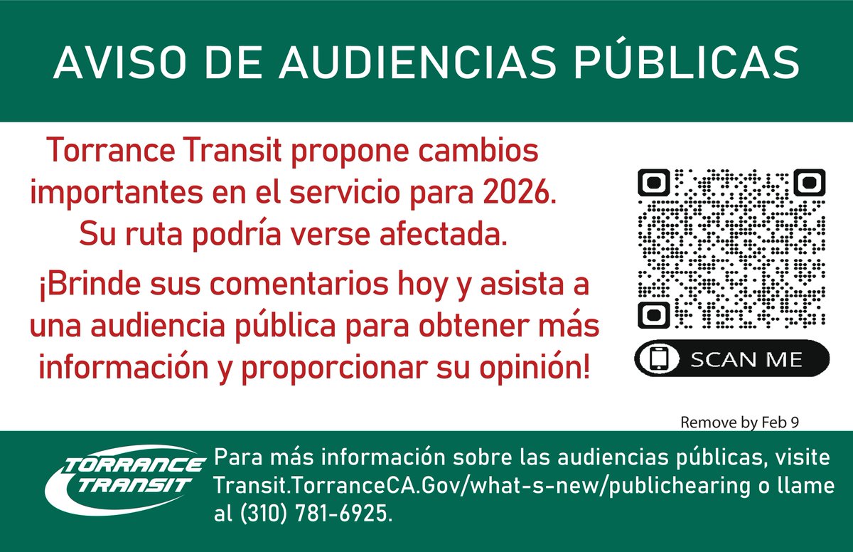 Torrance Transit propone importantes cambios para el 2026.
Asista a una de nuestras audiencias públicas para informarse sobre estos próximos cambios y complete la encuesta. 
Enlace a las audiencias públicas:
transit.torranceca.gov/what-s-new/pub…
Enlace a la encuesta:
 forms.gle/Z3MFZnHUEa2NhS…