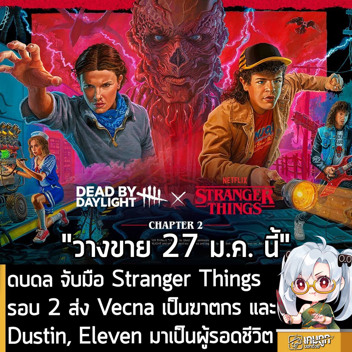 [News] ดบดล จับมือ Stranger Things รอบ 2 ส่ง Vecna เป็นฆาตกร และ Dustin, Eleven มาเป็นผู้รอดชีวิต
.
Behaviour Interactive ประกาศอย่างเป็นทางการว่า Dead by Daylight x Stranger Things Chapter 2 หรือ DLC ที่เป็นความร่วมมือกับภาพยนตร์ซีรีส์ Stranger Things ครั้งที่ 2