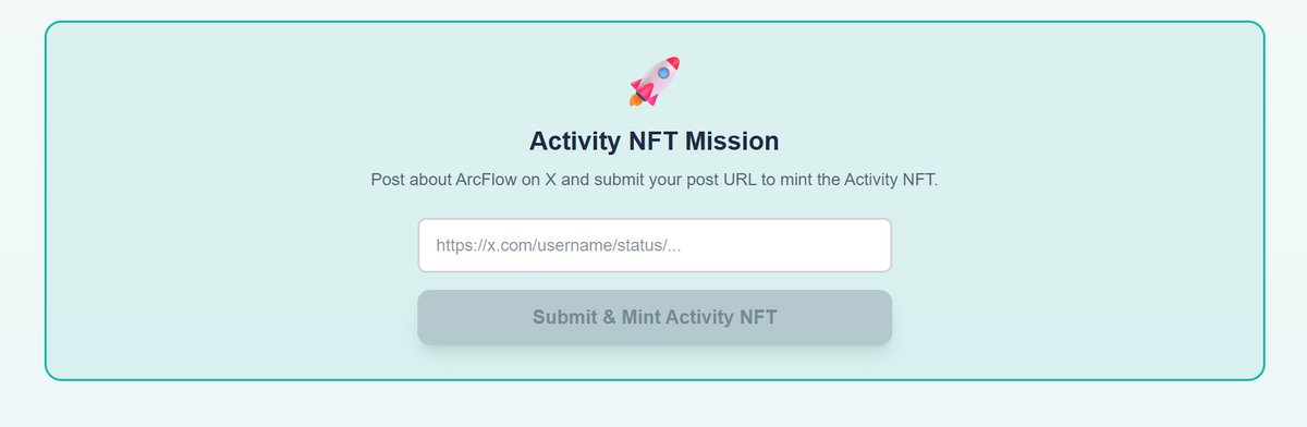 mint <a href="/ArcFlowFinance/">ArcFlow Finance</a> Genesis Pass NFT
flowfin is a dex built on <a href="/arc/">Arc</a>

go to
- arcflow.finance
- follow x, join dc and verify

get usdc
faucet.circle.com

mint genesis pass

make post about dex and mint activity nft

you'll need both nft's to get access to the dex