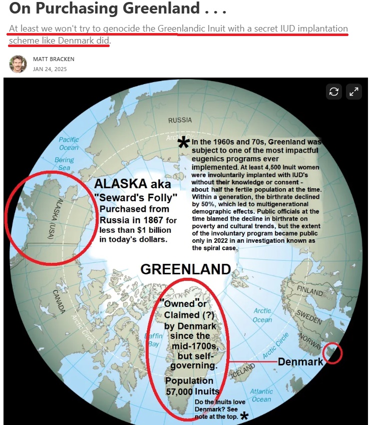 Matt_Bracken48's tweet image. We can buy Greenland outright by offering direct payments to the relatively few Greenlanders, [57,000 total] granting them U.S. citizenship in the bargain. I wrote a detailed Substack on this last year. 
🧵
Most Inuit Greenlanders hate the Danish, who tried to genocide them with…