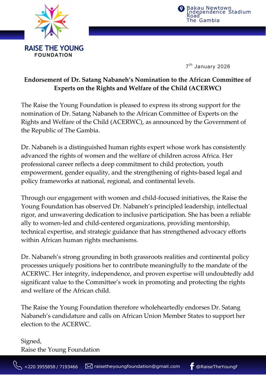 Endorsement of Dr. Satang Nabaneh’s Nomination to the African Committee of Experts on the Rights and Welfare of the Child (ACERWC).

<a href="/DrSatangNabaneh/">Satang Nabaneh Cham</a>  <a href="/acerwc/">ACERWC</a> <a href="/achpr_cadhp/">African Commission on Human and Peoples' Rights</a>  #Gambia