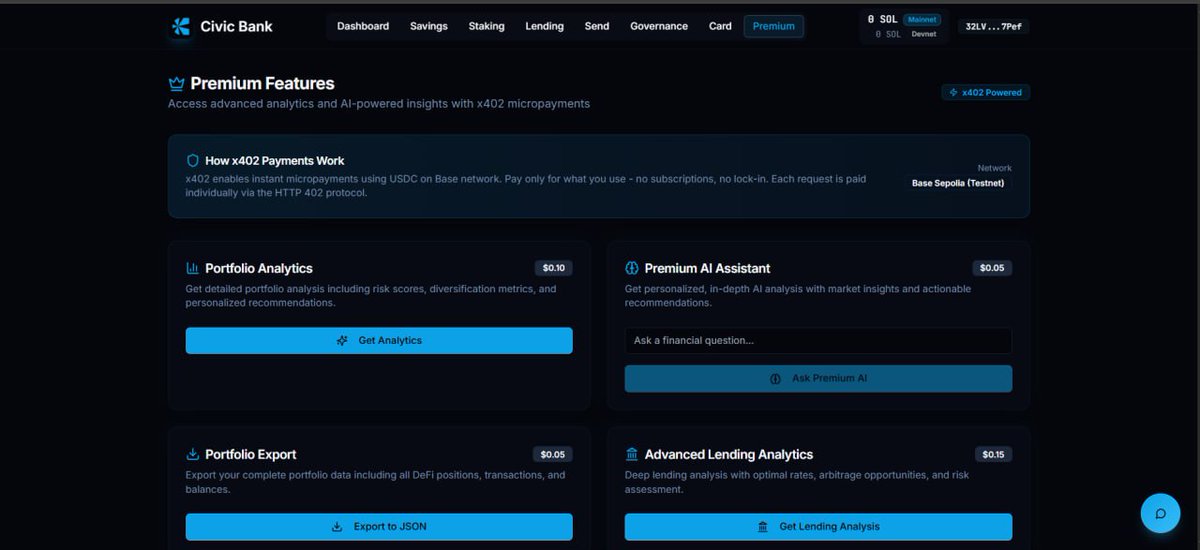 CivicBank_'s tweet photo. Civic Bank Premium - Now Live
We’re introducing Civic Bank Premium, powered by x402 micropayments.
No subscriptions. No lock-ins.
You only pay per request  instantly using USDC via the 402 protocol.
New premium features include:
• Portfolio Analytics
Detailed risk scores, diversification metrics, and personalized insights.
• Premium AI Assistant
Ask deep, finance-focused questions and get actionable answers.
• Portfolio Export
Export your entire DeFi portfolio, transactions, and balances in JSON format.
• Advanced Lending Analytics
Find optimal lending rates, arbitrage opportunities, and risk metrics.
Everything runs on Base network (testnet for now) while we finish integrations.
This is a step toward AI-powered, usage-based banking tools  not subscriptions, just pay-per-use.
More modules coming soon.
