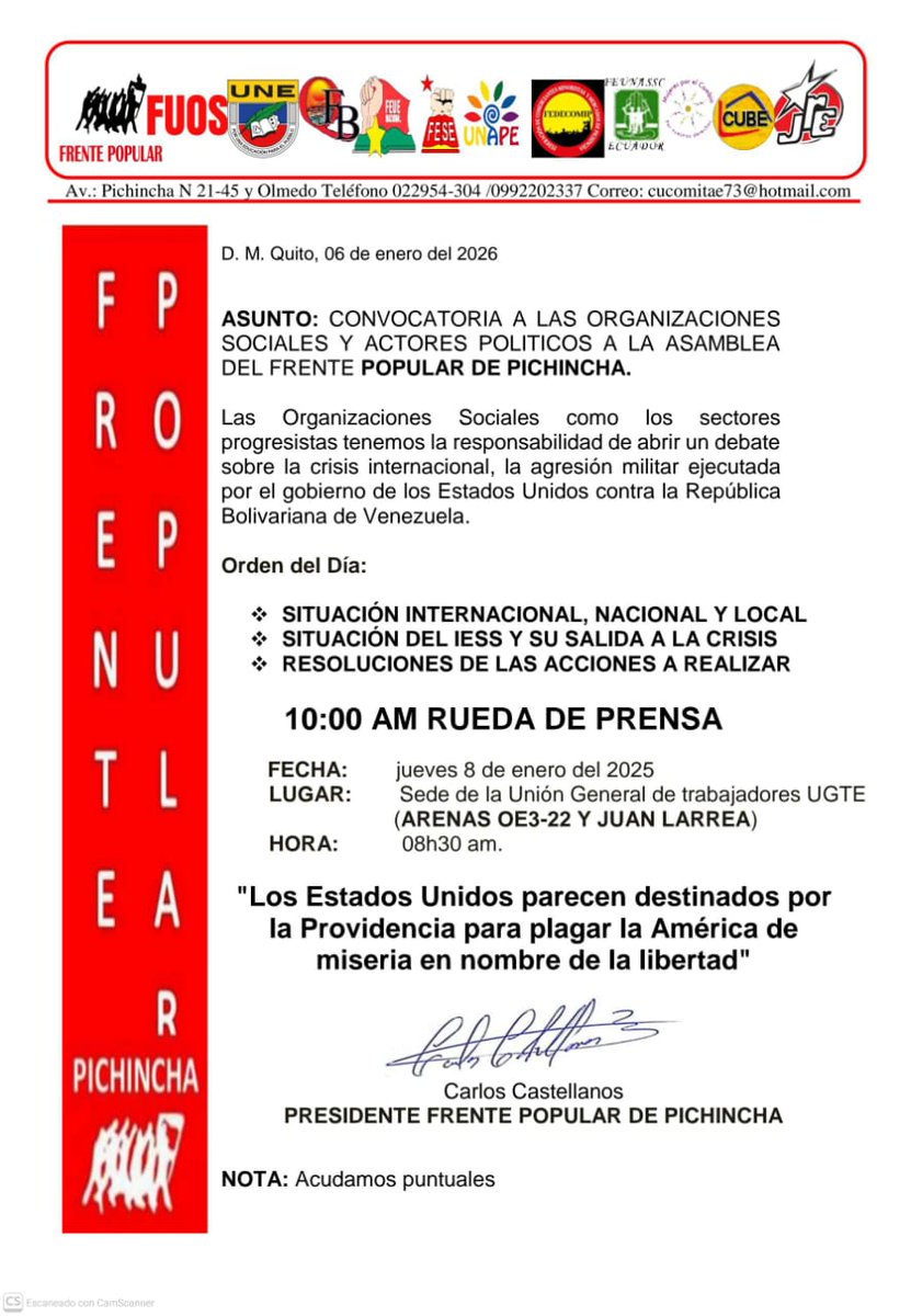 cucomitae73's tweet image. ASUNTO: CONVOCATORIA A LAS ORGANIZACIONES SOCIALES Y ACTORES POLITICOS A LA ASAMBLEA DEL FRENTE POPULAR DE PICHINCHA. 
FECHA: jueves 8 de enero del 2026
LUGAR:   Sede de la Unión General de trabajadores UGTE (ARENAS OE3-22 Y JUAN LARREA) HORA:  08h30