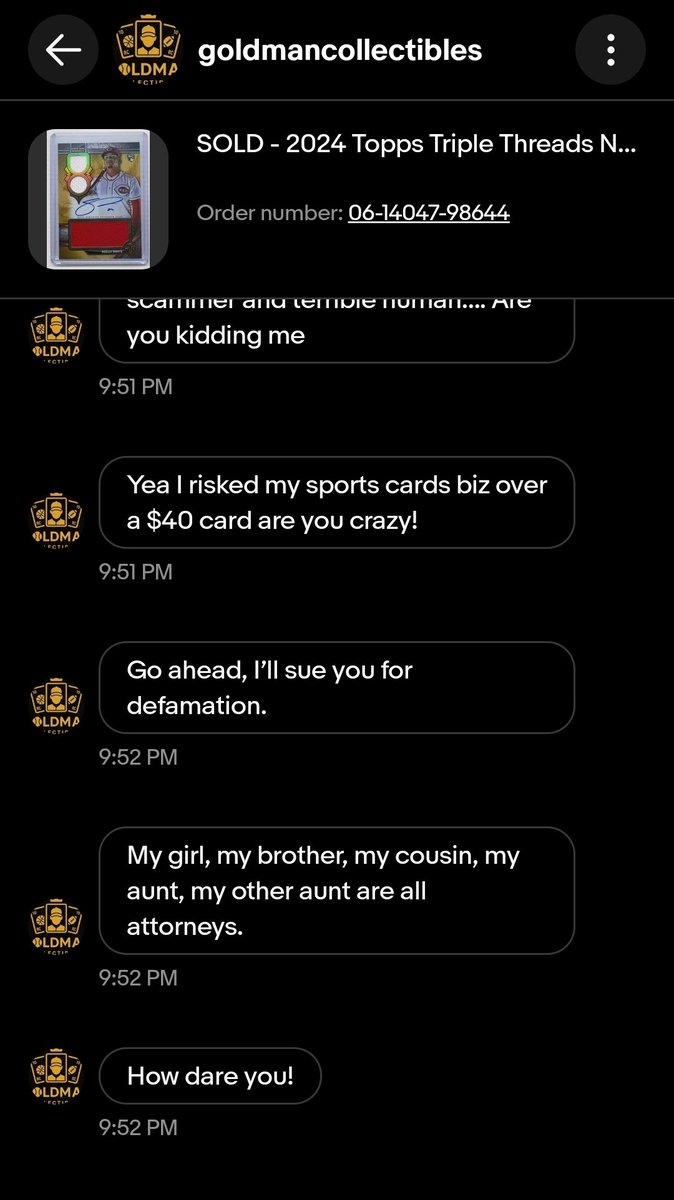 tripleplaycards's tweet image. All Ebay Card Sellers Beware!! 

Goldman Collectibles is using AI/Deepfakes to say cards being sold to him are damaged and requesting refunds. Has done this to multiple sellers including myself. Have attached screenshots of the Ai/fake, other person he scammed, as well as him…