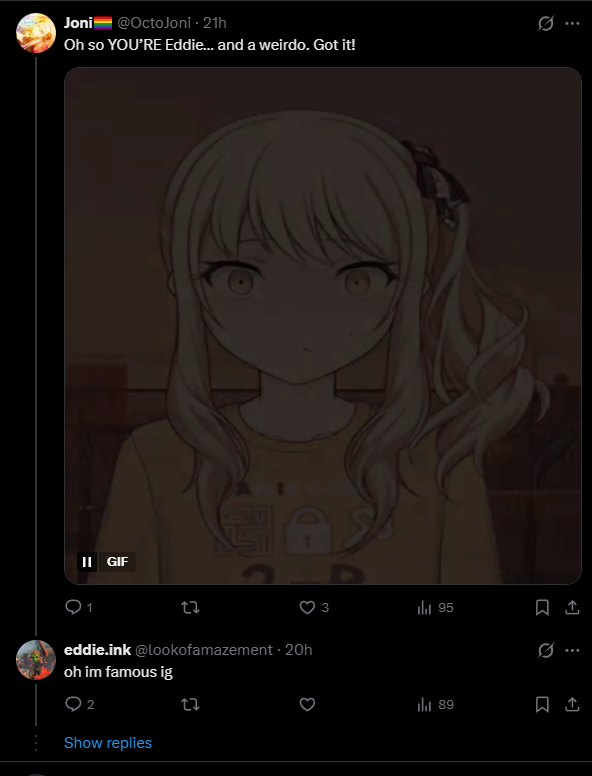 <a href="/lookofamazement/">eddie.ink</a> "MINORS DNI" ...but then casually follows and replies to minors on twt and tiktok and has a bot in dc showing whenever minors rt hate tweets about him... not to mention u jst openly hate on minors like its no big deal, stay 500 ft away from school zones for me