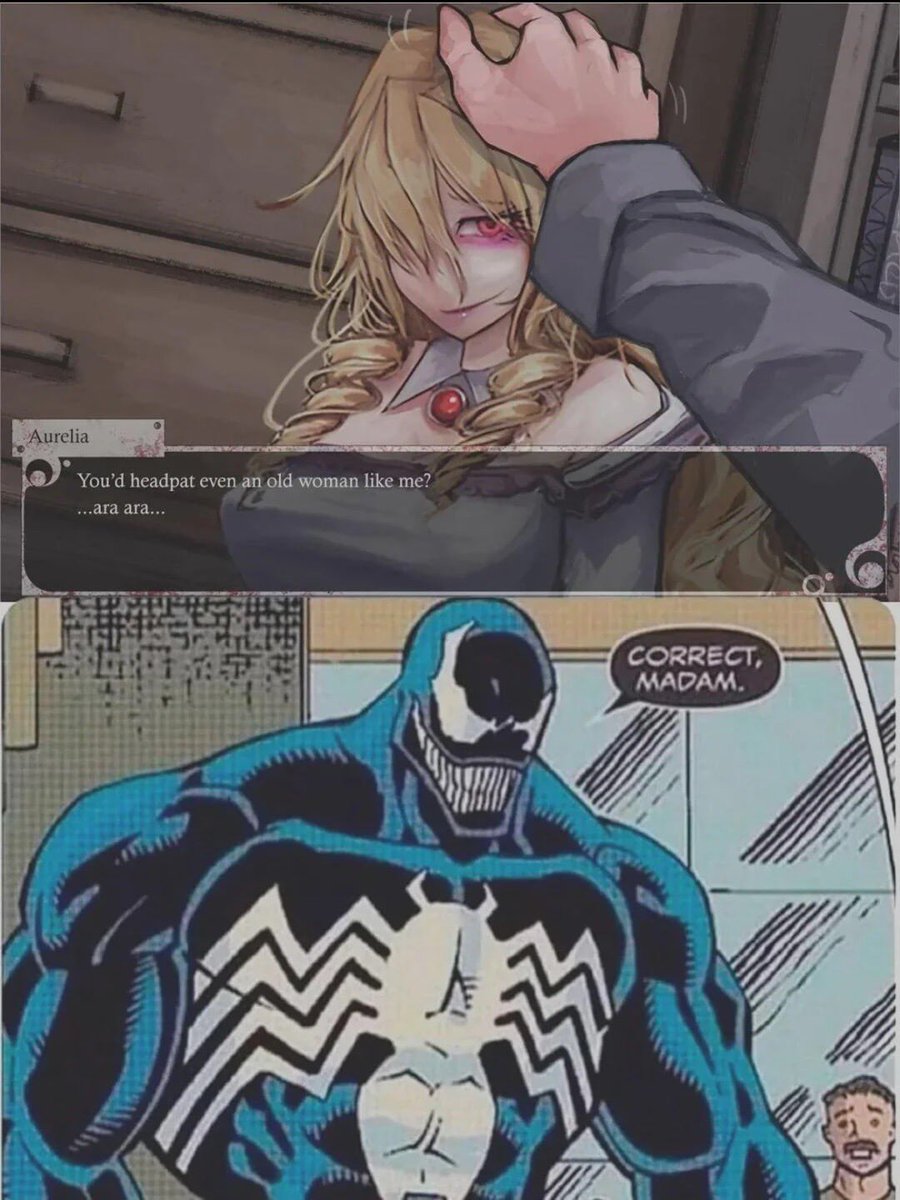 Nearishere's tweet image. "You'd headpat even an old woman like me?"

Venom: "CORRECT, MADAM." 🖤