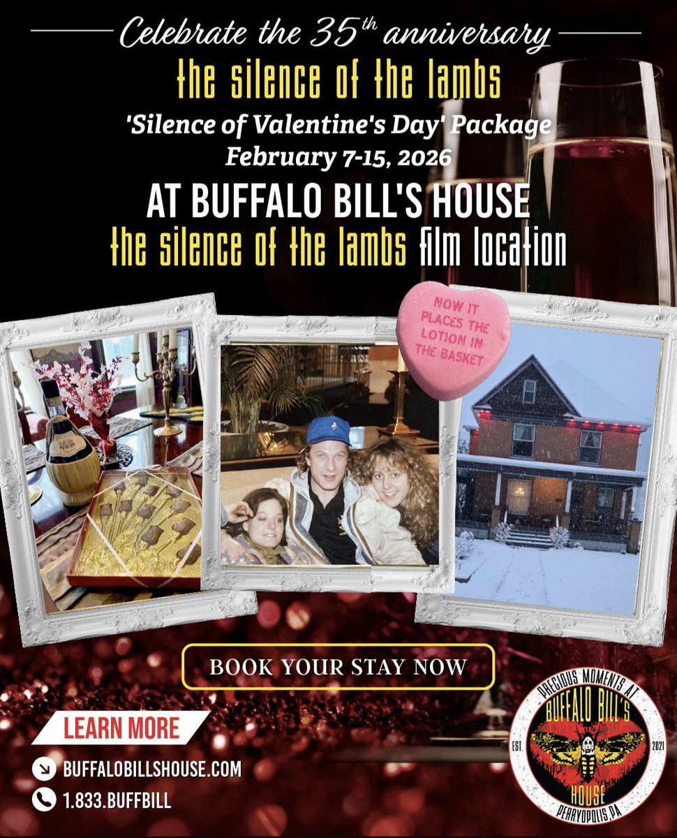 buffbillshouse's tweet image. Book a romantic stay and celebrate the 35th anniversary of "The Silence of the Lambs" at the iconic filming location.⁠ ⁠
⁠
💕 'Silence of the Valentine’s Day' Package⁠ Available Feb 7–15, 2026⁠
⁠
Book your stay DIRECT at buffalobillshouse.com 

#airbnb #superhost