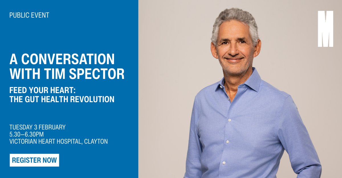 MonashVHI's tweet photo. What if heart health starts in the gut? 🧠❤️

Join us for 'A Conversation with @timspector' - a free public event exploring the science of food, the gut microbiome &amp; cardiovascular health. Q&amp;A inc. Prof @FZMarques.

📅 Tue 3 February 5.30pm | 🎟️ Free
🔗 https://t.co/veHUMkJYOq https://t.co/wUk5eGNePd