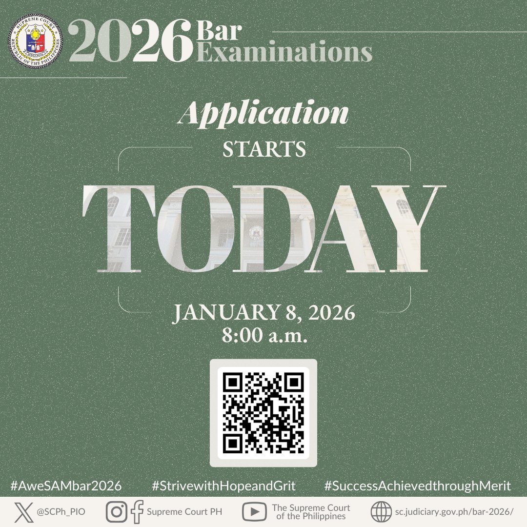SCPh_PIO's tweet image. 📢 The application period for the #Bar2026 Examinations is now open and closes on March 9, 2026 at 3:00 p.m.

From application to admission — the path to the Bar awaits. To access BARISTA, scan the QR code or click the link: portal.judiciary.gov.ph

#AweSAMbar2026…