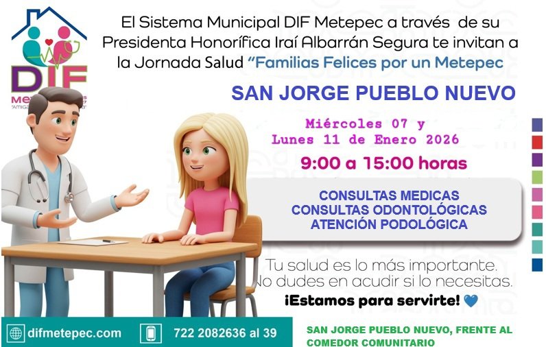 El Sistema Municipal DIF Metepec a través de la Dirección de Salud te invitan a la 
Jornada de Salud 
🗓 Miércoles 07 y Lunes 11 de Enero 2026
Tu Salud es nuestra prioridad

¡Estamos para servirte!