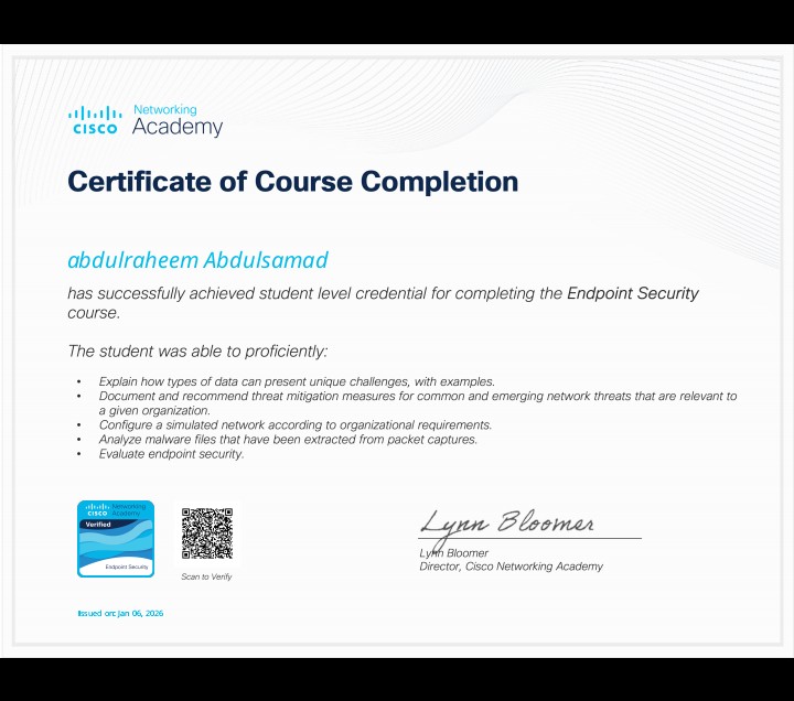 Samadowskhi's tweet photo. 1/100 Day #100daysofcybersecurity.
Today I was able to take the assessment of endpoint security to earn the certificate of at #netacad on my path to junior cyber security analyst @ireteeh @jay_hunts @EEkanem76255 @elormkdaniel https://t.co/oO4LZqOeD1
