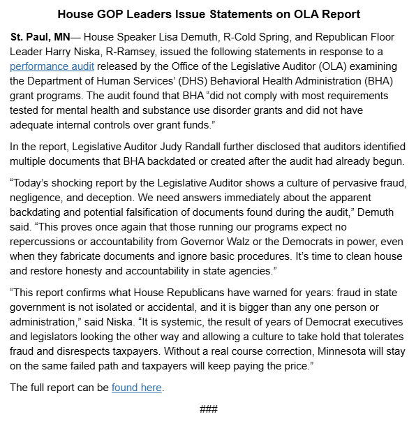 mnhousegop's tweet image. House Speaker Lisa Demuth and Floor Leader @HarryNiska issued statements reacting to the release of today's EXPLOSIVE audit of the Walz Administration's handling of certain grants for mental health and substance use disorder programs that found did not have adequate internal…