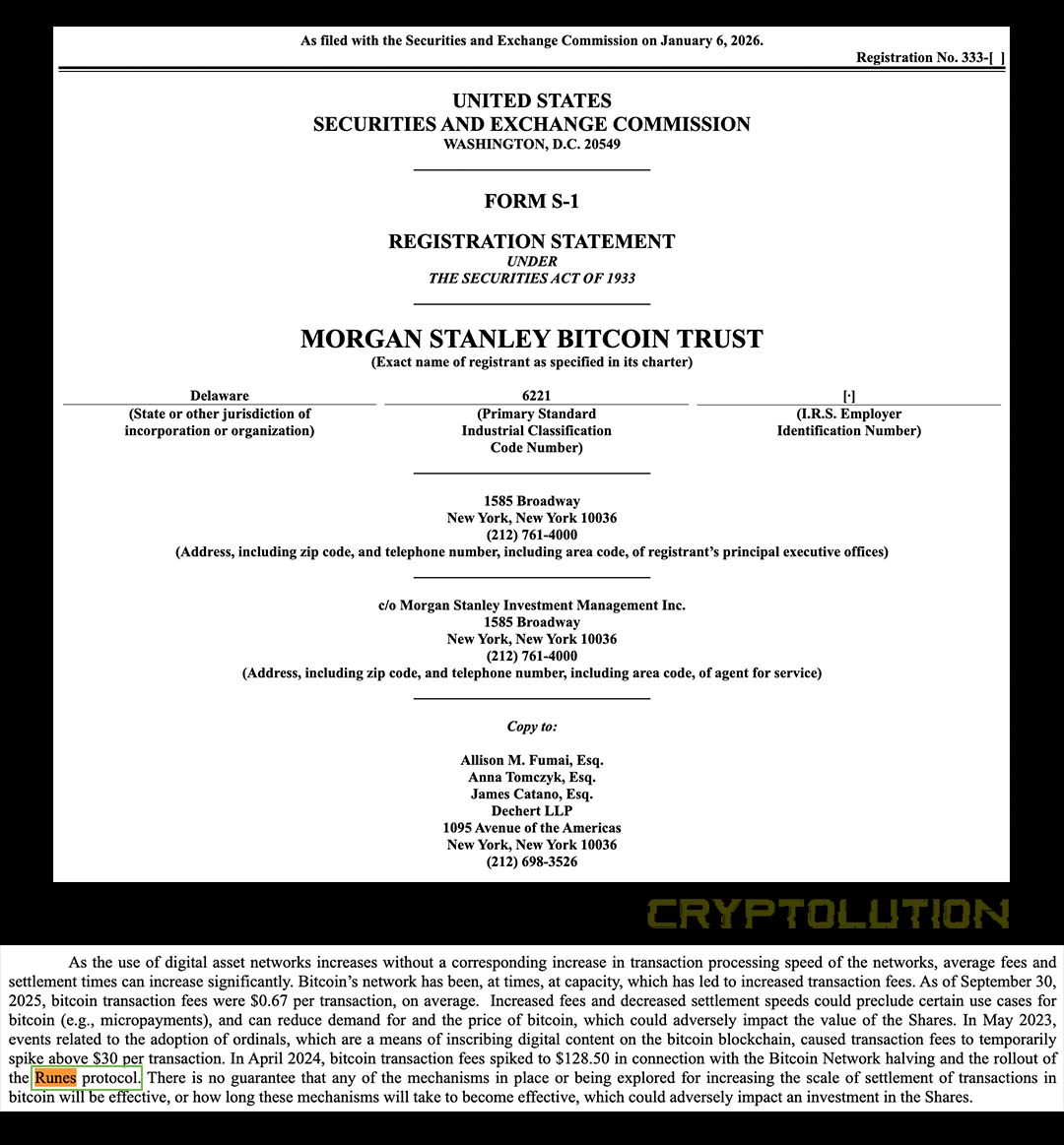 🚨JUST IN: The #Runes Protocol was mentioned in <a href="/MorganStanley/">Morgan Stanley</a> Bitcoin Trust Form S-1 submitted to <a href="/SECGov/">U.S. Securities and Exchange Commission</a>.

Source: sec.gov/Archives/edgar…