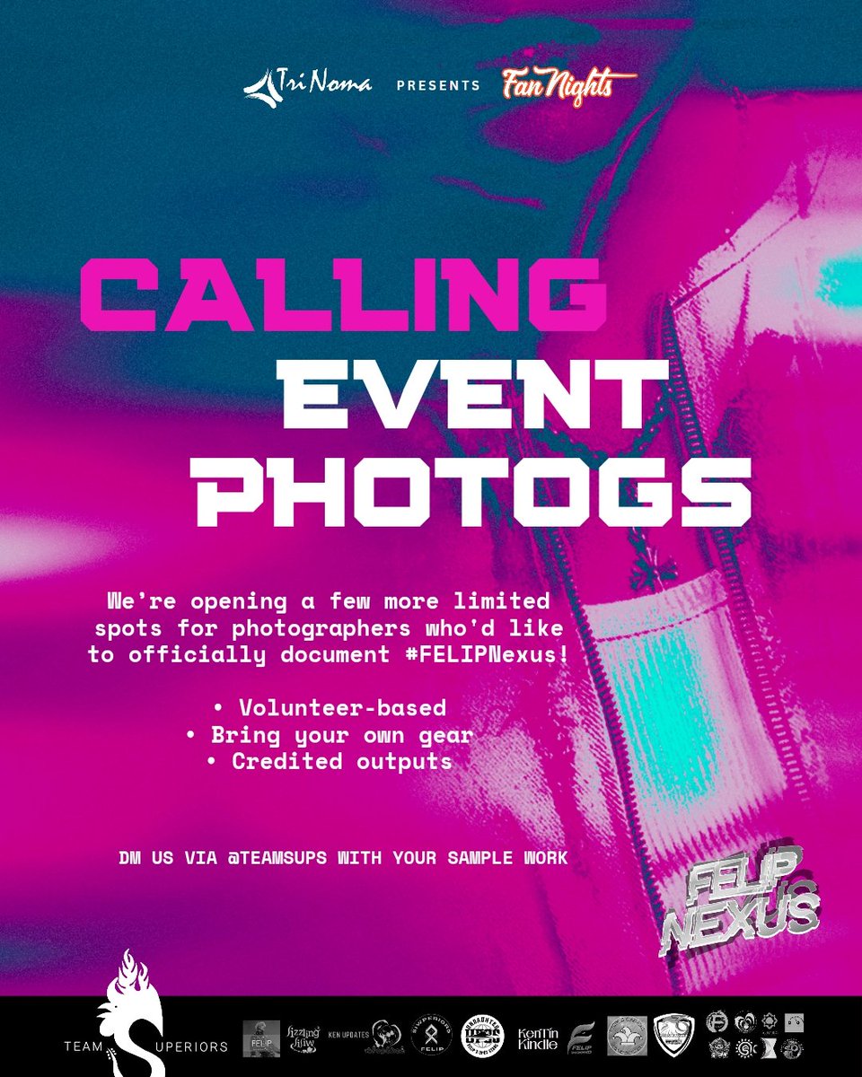 team_superiors's tweet image. Be behind the lens at #FELIPNexus  📸

We're opening a few more volunteer photographer spots for those who'd like to document this fan gathering celebrating @felipsuperior.

Bring your own gear, capture the energy &amp;amp; be part of the story.

Send your sample work via @TeamSups ✨️
