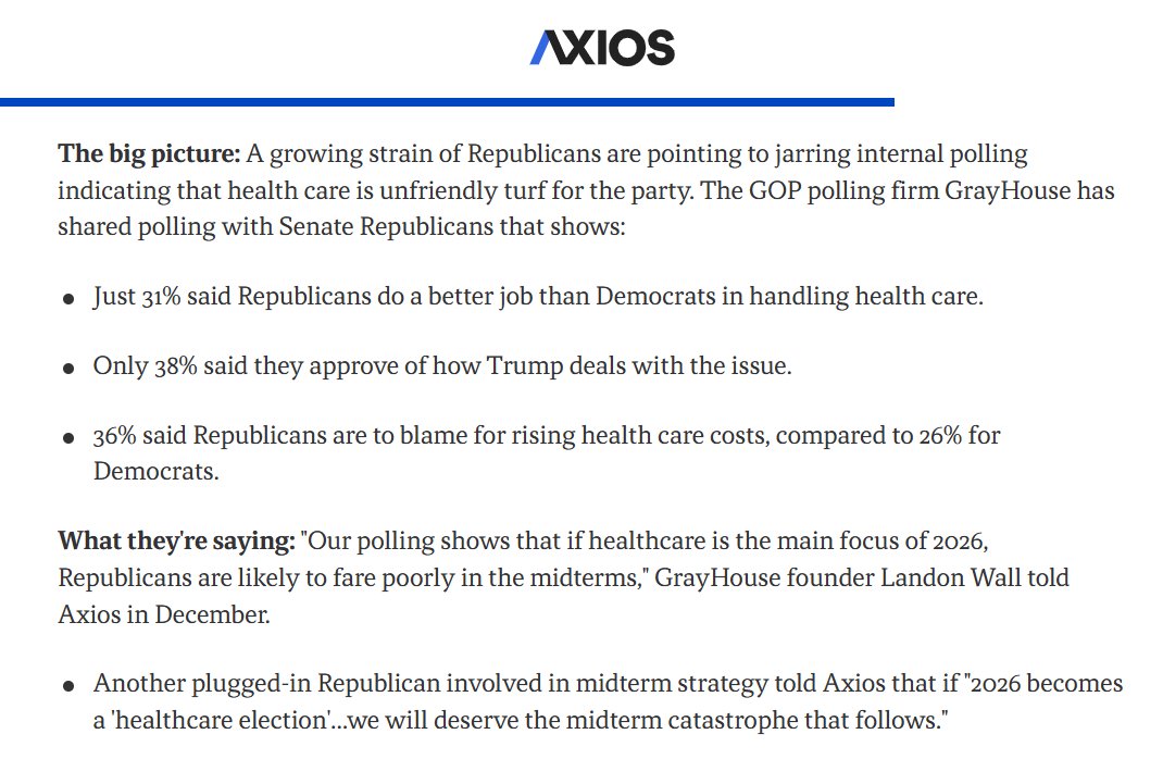 🚨QUIET PART OUT LOUD🚨

"If healthcare is the main focus of 2026, Republicans are likely to fare poorly in the midterms" (says GOP pollster)