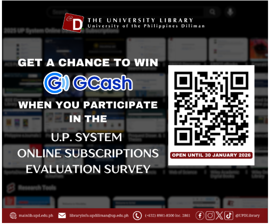 Lumipas na ang twelve days of Christmas... but wait, meron pa kami pang-aginaldo! 🎁 Get a chance to win GCash when you participate in the UP System Online Subscriptions Evaluation Survey. 

Complete the survey here:
forms.gle/tLjDFJQ7QDH9iw… 
The survey is open until 30 Jan 2026.