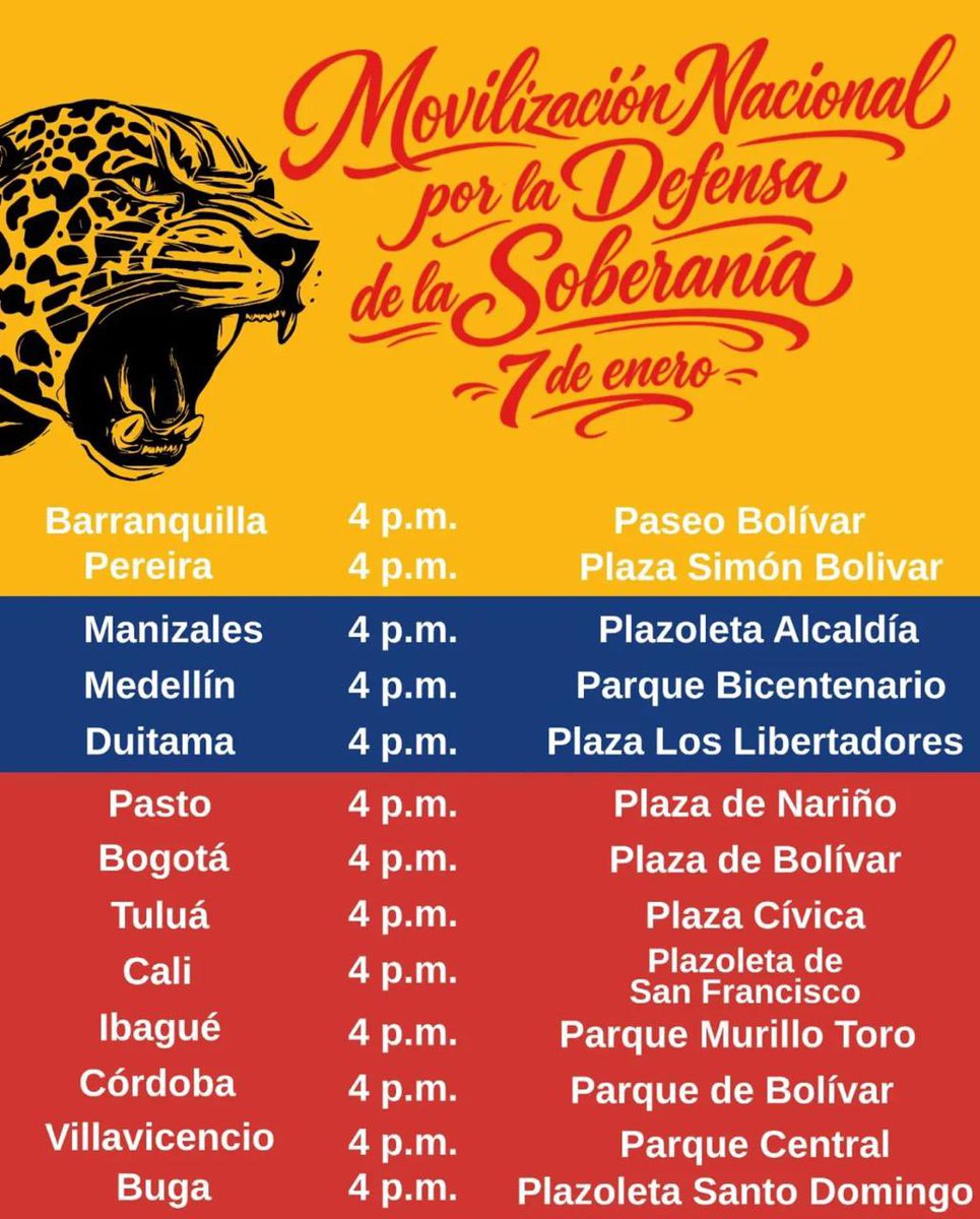#El7SalgoADefender
MAÑANA 7 de enero a las 4:00 p.m., Colombia sale a las plazas en Movilización Nacional por la Defensa de la Soberanía.
Barranquilla, Pereira, Manizales, Medellín, Duitama, Pasto, Bogotá, Tuluá, Cali, Ibagué, Córdoba, Villavicencio y Buga: el pueblo responde