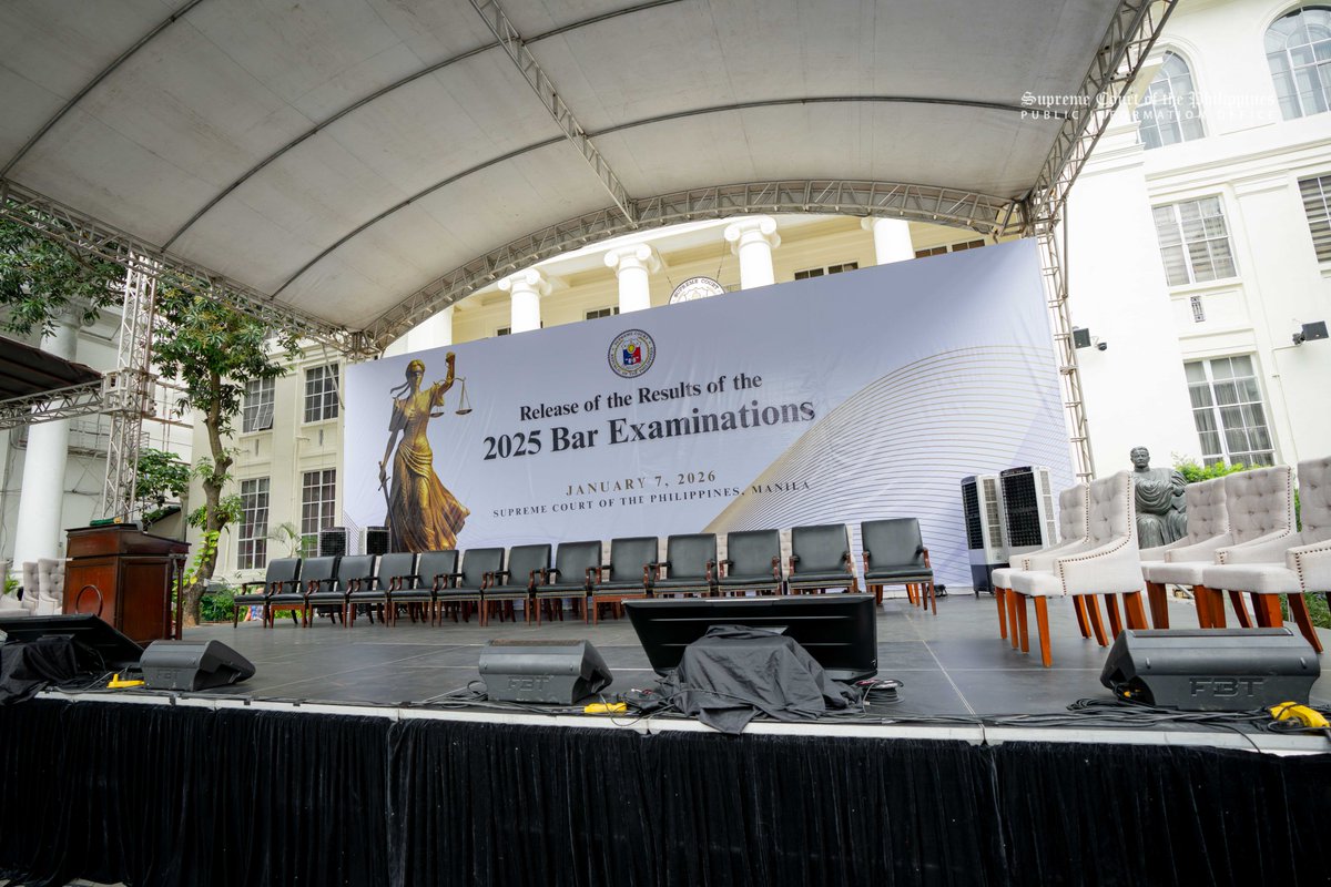 SCPh_PIO's tweet photo. The stage is literally set for today's release of the #Bar2025 results. The SC gates will be open from 10 a.m. to 6 p.m.

The results may be accessed later through these official communication channels: 

SC Website:
https://t.co/VS4z1IgAcD

Facebook Link: 
https://t.co/jPJ5HGXBX3

Youtube Link:
https://t.co/oaxvMMv82q

#AMYingForExcellence
#AJustBar
#HaveFaith
#SupremeCourtPH