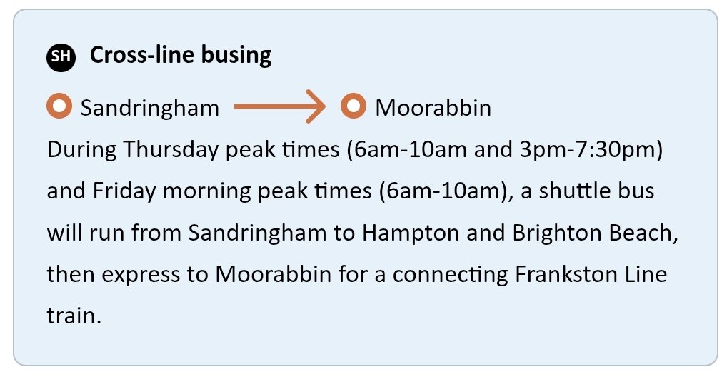 craig_halsall's tweet image. Peak hour #SandringhamLine SH shuttle bus Sandringham - Moorabbin 

❌️ No mention to change trains at Caulfield due to #FrankstonLine works (&amp;amp; again for City Loop due to #PakenhamLine works)

❌️ Also, oddly not running Fri arvo BUT times shown on online timetable... 😒