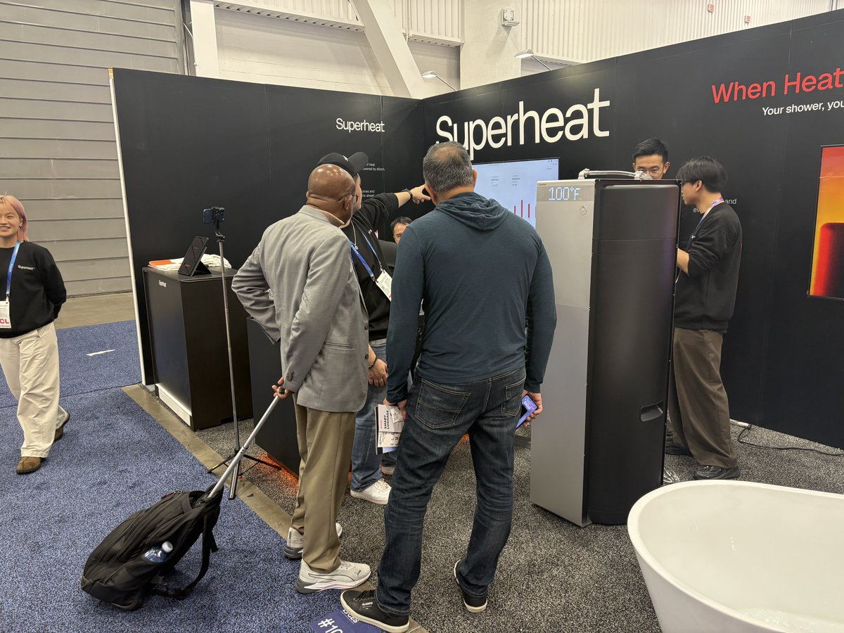 Check out this Superheat hot water heater that mines Bitcoin as you shower  🚿 💰 at CES 2026! #CES2026 #Superheat #Bitcoinminer #SuperheatBitcoinminer